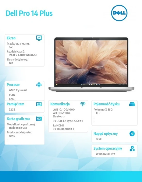 Dell Laptop Dell Pro 14 Plus PB14255 W11P Ryzen AI 7 PRO 350/32GB/1TB/FgrPr&SmtCd,RJ-45/IRCam&Mic/WLANonly+BT/14.0 FHD+ 400nit/860M/BcklKb/3C/3YPS