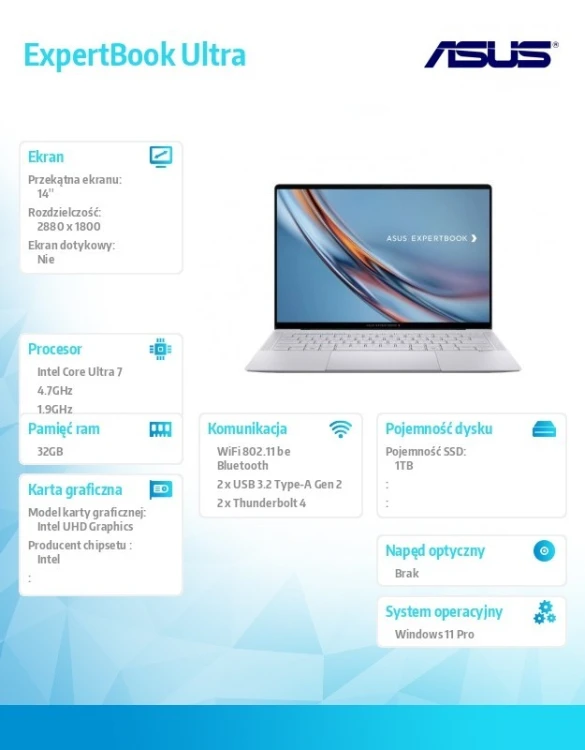 Asus Laptop ExpertBook Ultra B9406CAA-TH0246X -  Core ultra 7 356H/32GB/1TB/14" WQXGA+/Tandem OLED/600 nits/Touch screen/Win 11 PRO/3YRS