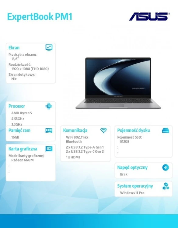 Asus Laptop ExpertBook PM1 PM1503CDA-S70268X - Ryzen 5 150/16GB/512GB/15,6" FHD/Win 11 PRO/3YRS