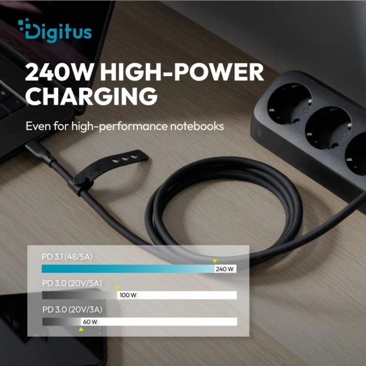 Digitus Kabel połączeniowy silikonowy USB-C-USB-C | USB 4 ver.2.0 80Gbps | 8K@60Hz | PD 3.1 240W| 0,5m | czarny