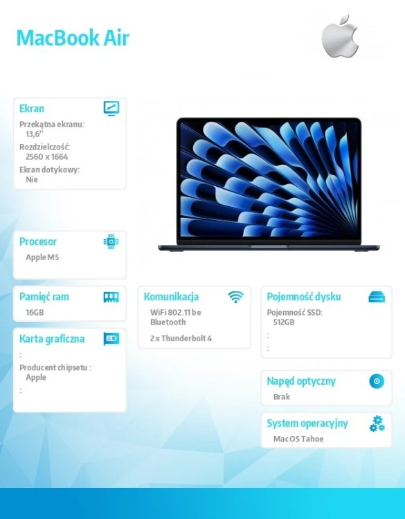 Apple MacBook Air 13.6 cala: M5 10/8, 16GB, 512GB SSD, bez zasilacza - Północ