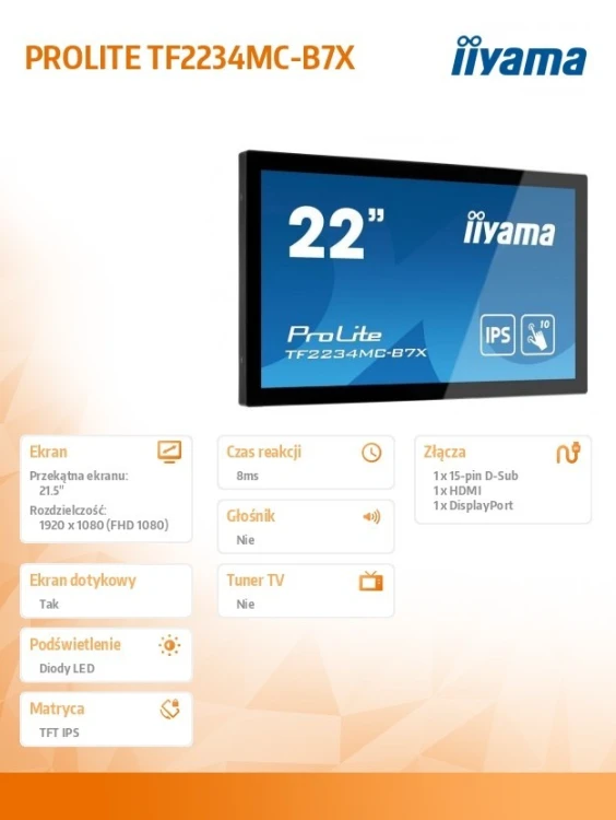 IIYAMA Monitor wielkoformatowy 21.5 cala TF2234MC-B7X IPS,POJ.10PKT.HDMI,DP.VGA,IP65,7H
