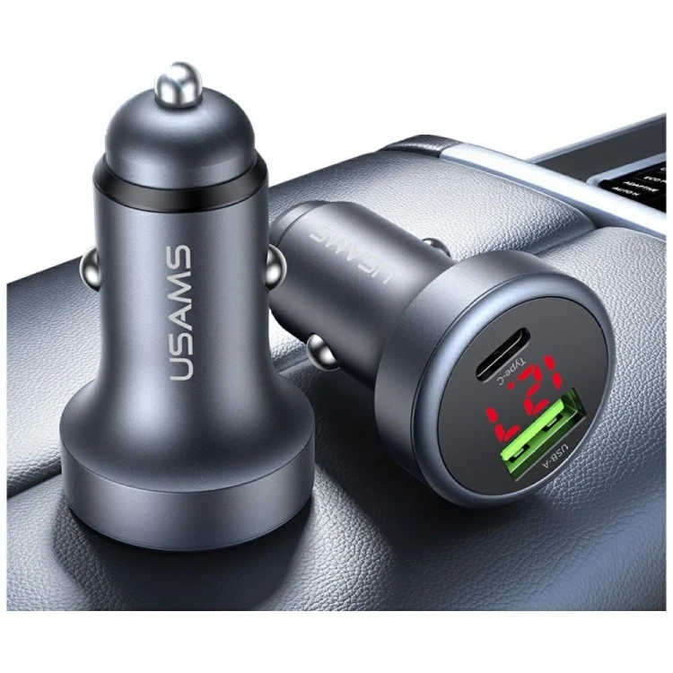 USAMS Ładowarka samochodowa 45W USB-A USB-C LED Aluminium