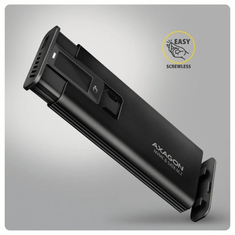 AXAGON EEM2-SD2B Obudowa zewnętrzna aluminiowa bezśrubowa USB-A/C 3.2 Gen2 M.2 NVMe/SATA wyświetlacz LED, czarny