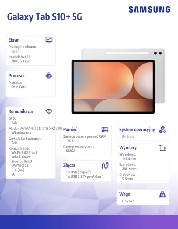 Samsung Tablet Galaxy Tab S10+ X826 12.4 cala 5G 12/512GB srebrny