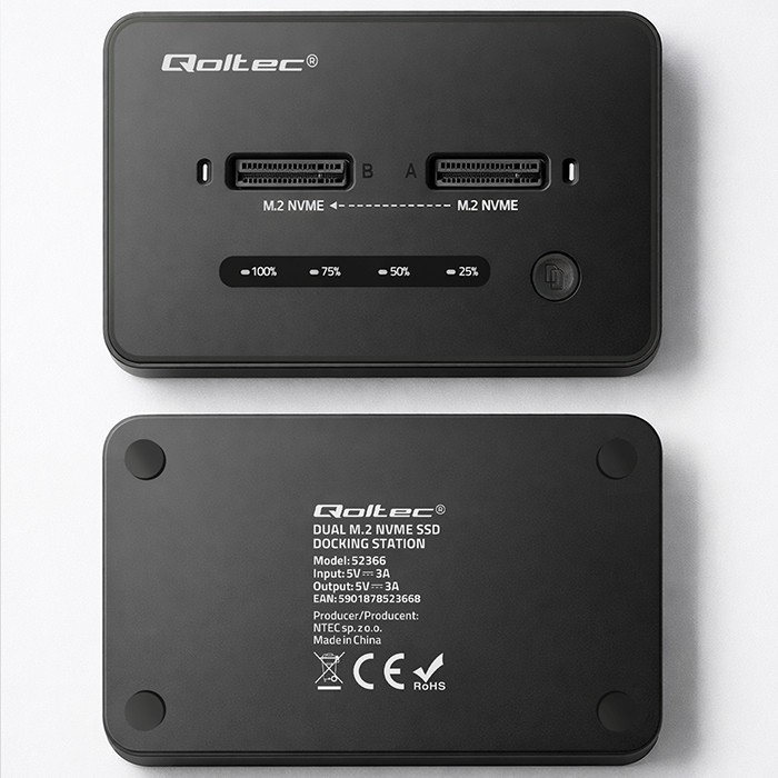 Qoltec Stacja dokujšca dysków SSD M.2 NVMe | PCIe | USB-C | 20Gb/s |    DUAL 2x8TB | klonowanie offline