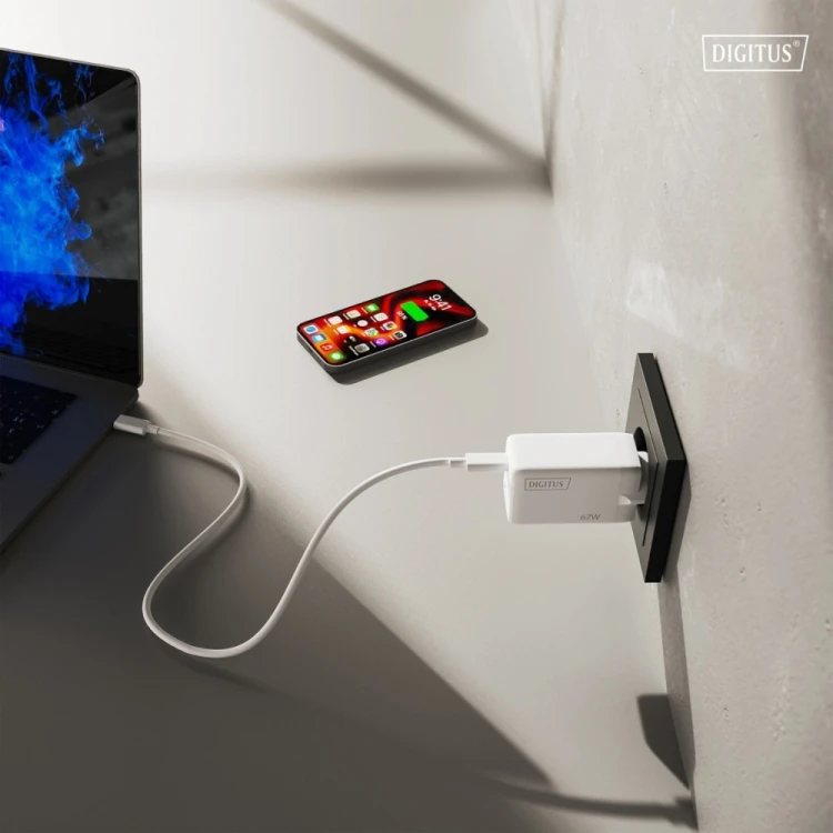 Digitus Ładowarka sieciowa GaN II 67W | 2x USB-C, 1x USB-A | PD 3.0, QC 3.0 | Biała