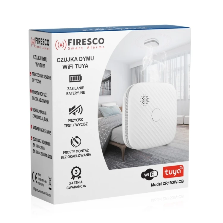 Firesco Czujka dymu Tuya/Wifi ZR153SW-CB, czujka dymu z funkcja komunikacji, domowa, autonomiczna, Wi-Fi