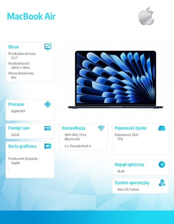 Apple MacBook Air 15.3 cala: M5 10/10, 24GB, 1TB SSD, bez zasilacza - Północ
