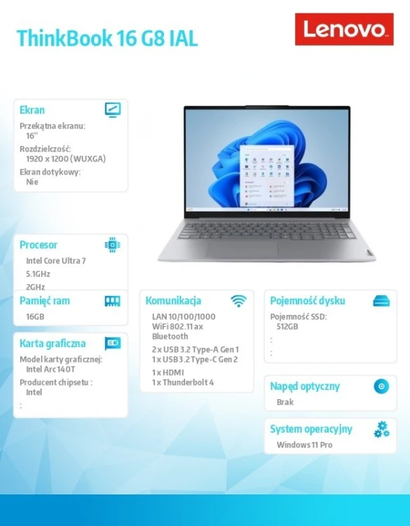 Lenovo Laptop ThinkBook 16 G8 21SK00R1PB W11Pro Ultra 7 255H/16GB/512GB/INT/16.0 WUXGA/Arctic grey/3YRS OS + CO2 Offset