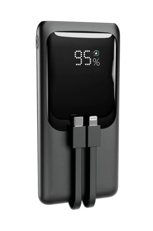 Gembird PowerBank 10000mAh ze zintegrowanymi kablami, LCD, QC3.0 20W, czarny