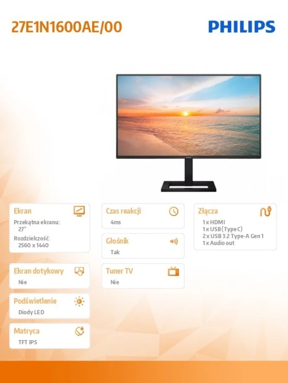 Philips Monitor 27 cali 27E1N1600AE IPS 100Hz HDMI USB-C HAS