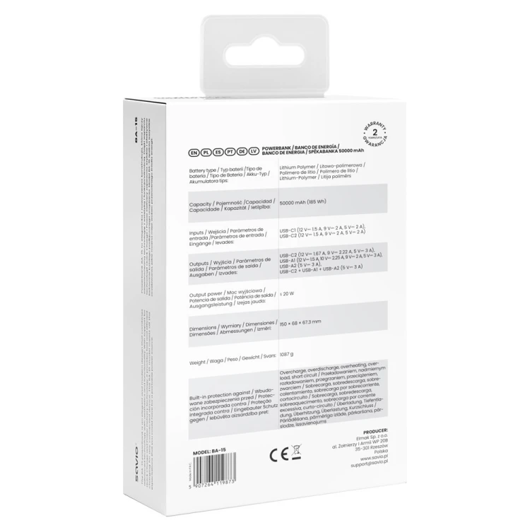 Savio Powerbank BA-15 50000 mAh biały