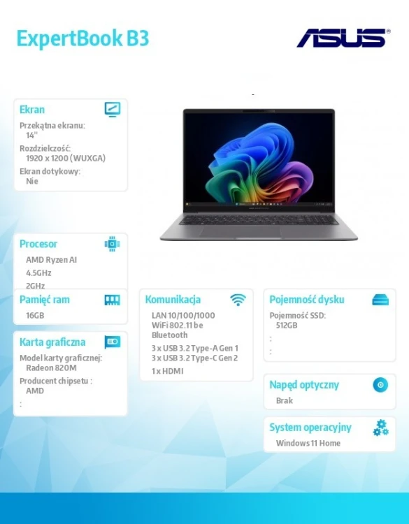 Asus Laptop ExpertBook P3 PM3406CKA-LY0291W Ryzen 5 AI 330/16GB/512GB/AMD Radeon 820M