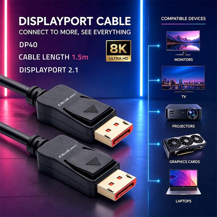 Qoltec Kabel DisplayPort M/M v2.1 | 40G | 1.5m