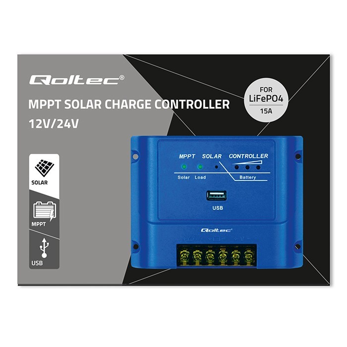 Qoltec Solarny regulator ładowania MPPT 15A | 12V/24V | LiFePO4