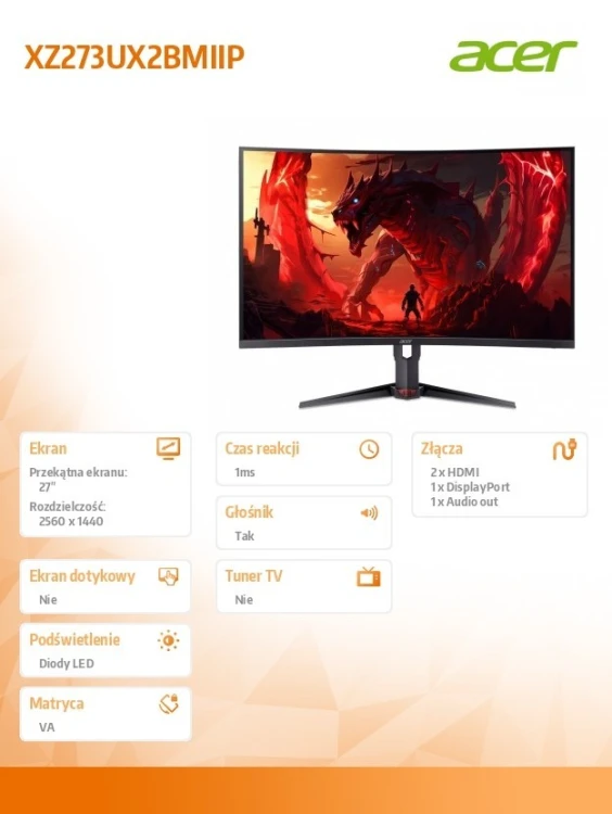 Acer Monitor 27 cali XZ273UX2BMIIP VA 240Hz 1ms 2HDMI DP zakrzywienie