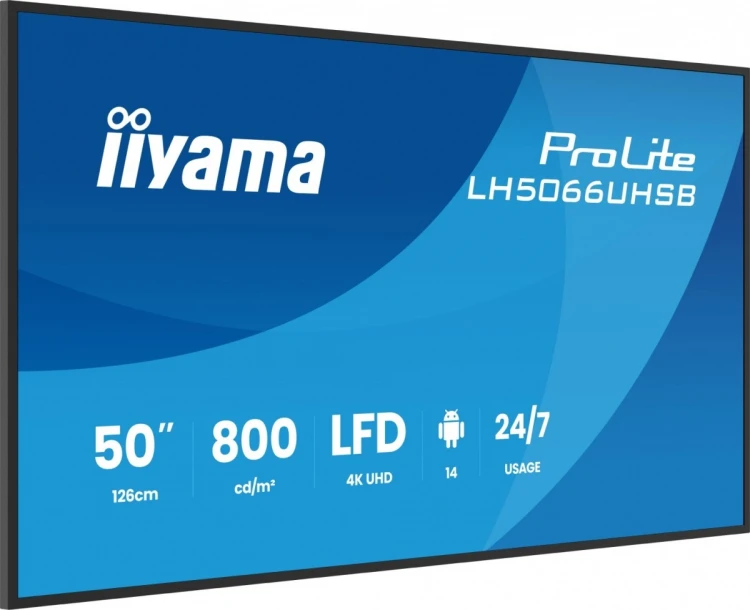 IIYAMA Monitor profesjonalny 50 cali LH5066UHSB-B1AG IPS,4k,800cd,1200:1,Android14,6.5ms   ,2xHDMI, USB-C, RJ45, 2xUSB, 2x10W, WiFi, iiSignage2, 4/32G