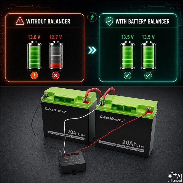 Qoltec Balanser napięcia 24V do akumulatorów 2x12V | 5A | AGM GEL LiFePO4 | LED