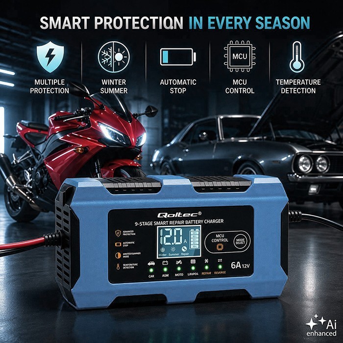 Qoltec Ładowarka 12V 6A | Prostownik z funkcją naprawy | AGM GEL LiFePO4