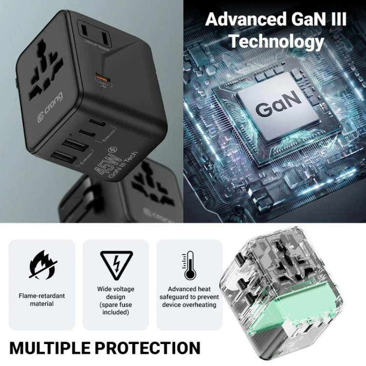 CRONG World Travel Adapter GaN 45W UK/EU/US/AU biały