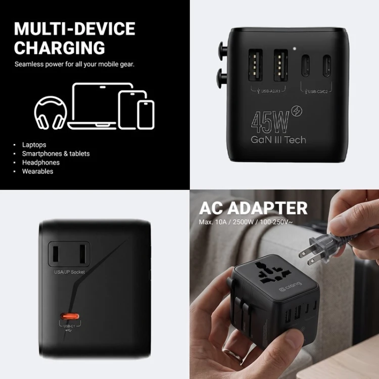 CRONG World Travel Adapter GaN 45W UK/EU/US/AU biały