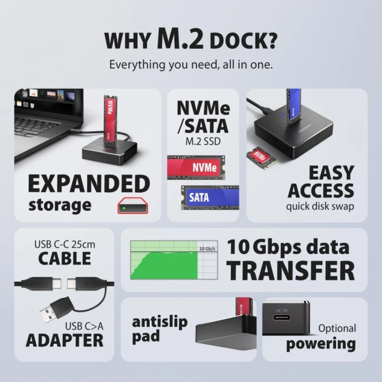 AXAGON ADSA-M2C11 Stacja dokująca USB-C 3.2 Gen 2 ALU - 1 x NVMe /SATA M.2 10Gbps