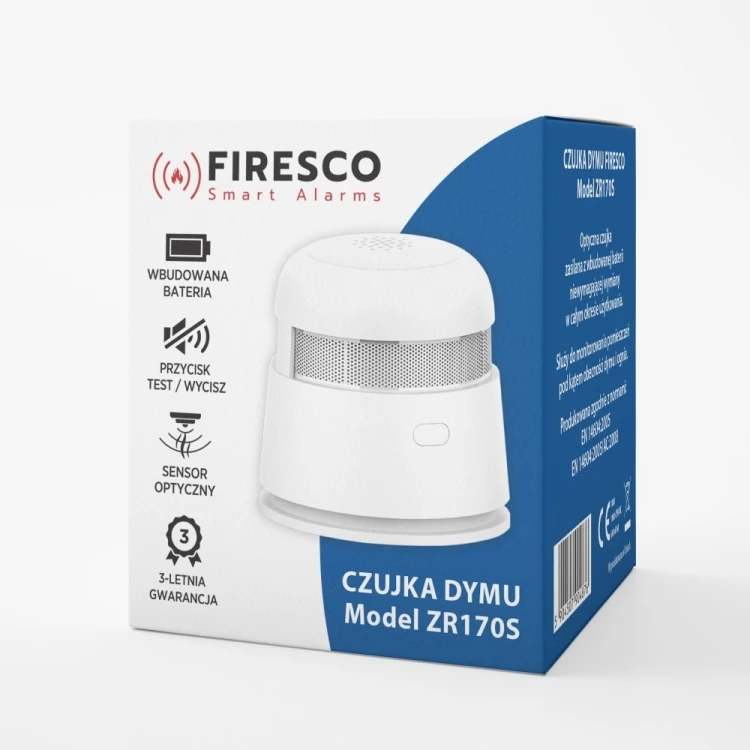 Firesco Czujka dymu ZR170S, autonomiczna czujka dymu, wbudowana bateria, 3 letnia gwarancja