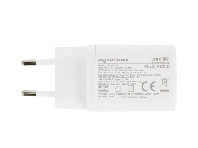 Movano Ładowarka GaN 65W 2x USB-C PD + USB-A (biała)