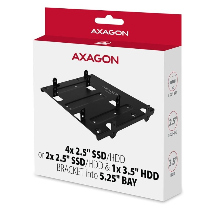 AXAGON RHD-435 Ramka metalowa do montażu 4x 2.5" HDD (2x 2.5" HDD/SSD &amp; 1x 3.5" HDD) w pozycji 5.25" Czarna