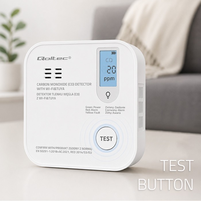 Qoltec Czujnik tlenku węgla (czadu) | detektor CO | TUYA | Wi-Fi | LED