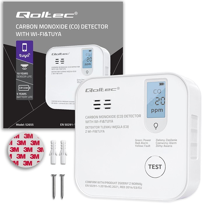 Qoltec Czujnik tlenku węgla (czadu) | detektor CO | TUYA | Wi-Fi | LED