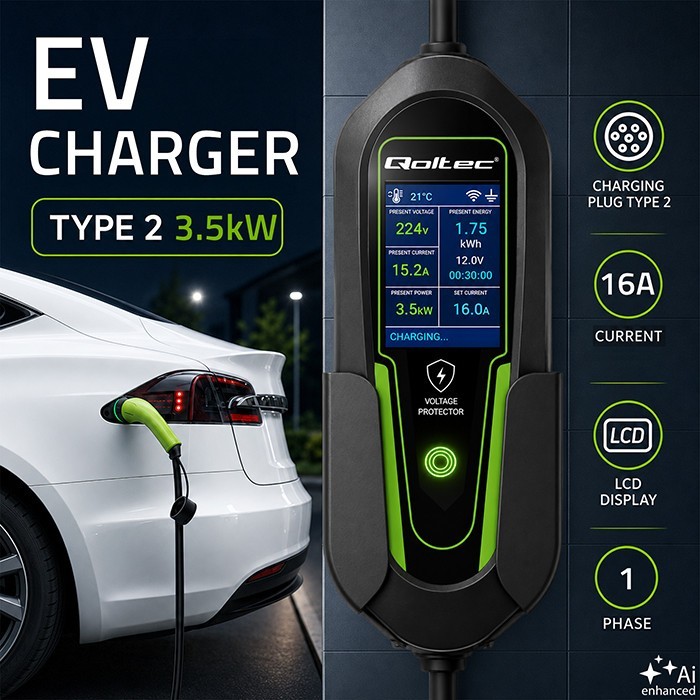 Qoltec Ładowarka do EV i hybryd Typ2 | 3.5kW | 230V | SCHUKO 16A | Wi-Fi