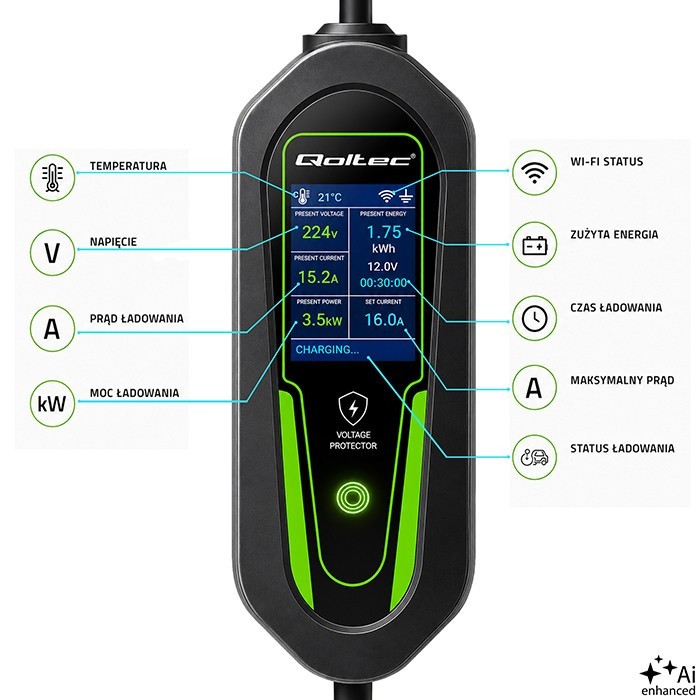 Qoltec Ładowarka do EV i hybryd Typ2 | 3.5kW | 230V | SCHUKO 16A | Wi-Fi