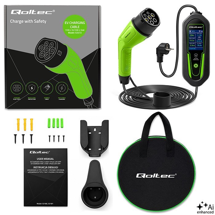 Qoltec Ładowarka do EV i hybryd Typ2 | 3.5kW | 230V | SCHUKO 16A | Wi-Fi
