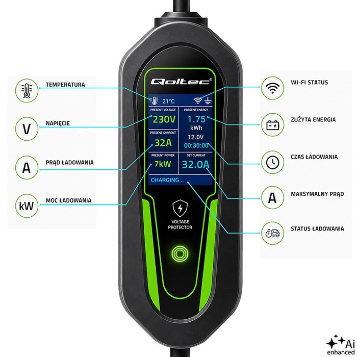 Qoltec Ładowarka do EV i hybryd Typ2 | 7kW | 230V | CEE 32A | Wi-Fi