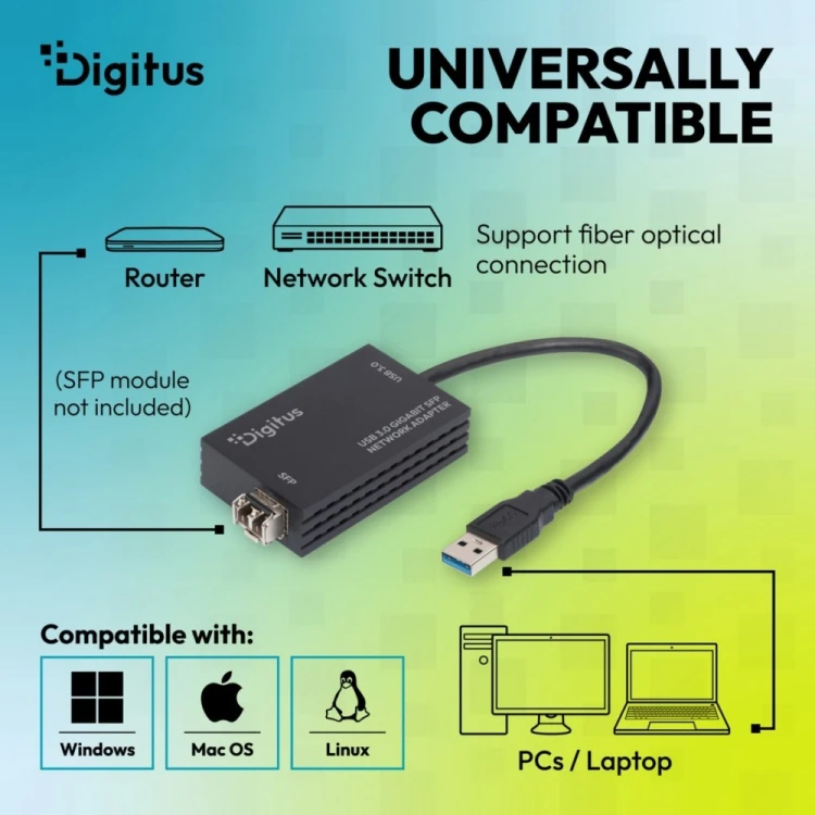 Digitus Karta sieciowa USB 3.0 typ A na Gigabit SFP, adapter światłowodowy 1000 Mb/s, moduł SFP sprzedawany osobno