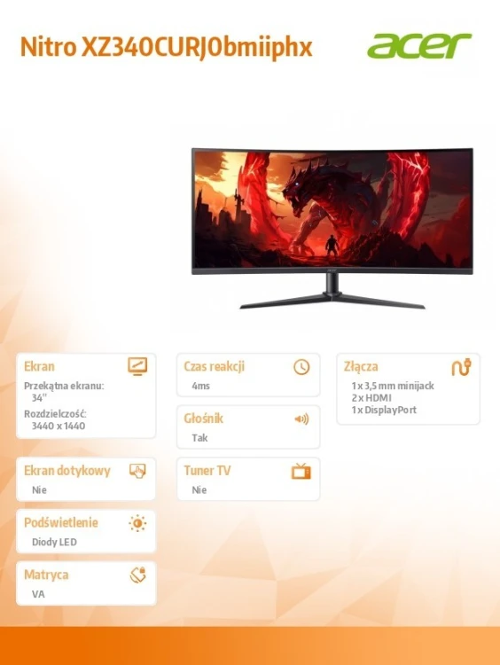 Acer Monitor 34 cale Nitro XZ340CURJ0bmiiphx VA 120Hz