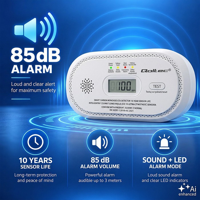 Qoltec Czujnik tlenku węgla | detektor CO | alarm 85dB