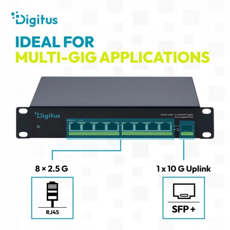 Digitus Przełącznik sieciowy niezarządzalny 10" 8x RJ45 2.5G, 1x SFP+ 10G, 60Gbps, metalowy, bez wentylatora, Plug&Play