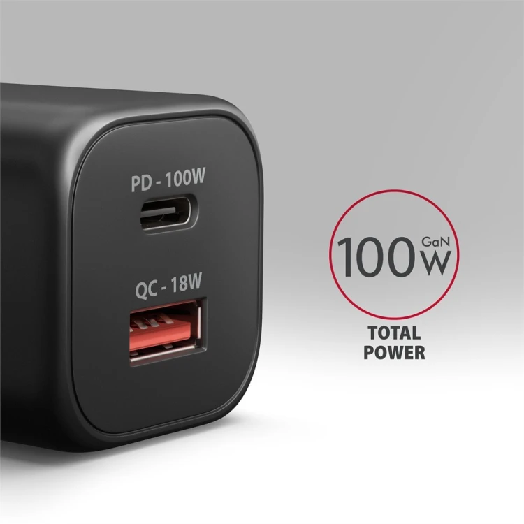AXAGON ACU-PQ100 Ładowarka sieciowa GaN 100W, 2x port (USB-C + USB-A), PD3.0/PPS/QC4+, mini, czarna