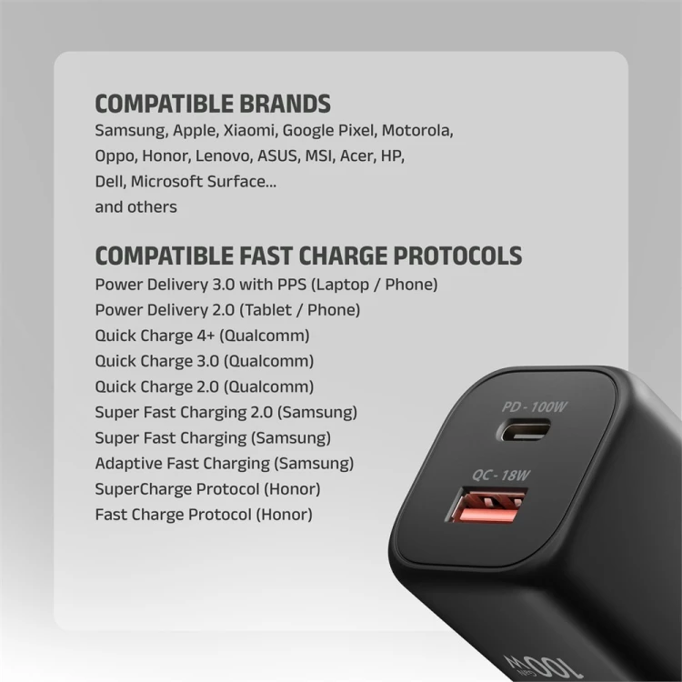 AXAGON ACU-PQ100 Ładowarka sieciowa GaN 100W, 2x port (USB-C + USB-A), PD3.0/PPS/QC4+, mini, czarna