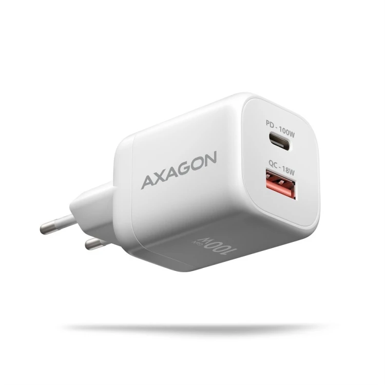 AXAGON ACU-PQ100W Ładowarka sieciowa GaN 100W, 2x port (USB-C + USB-A), PD3.0/PPS/QC4+, mini, biała