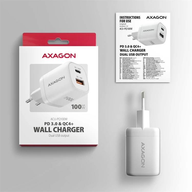 AXAGON ACU-PQ100W Ładowarka sieciowa GaN 100W, 2x port (USB-C + USB-A), PD3.0/PPS/QC4+, mini, biała