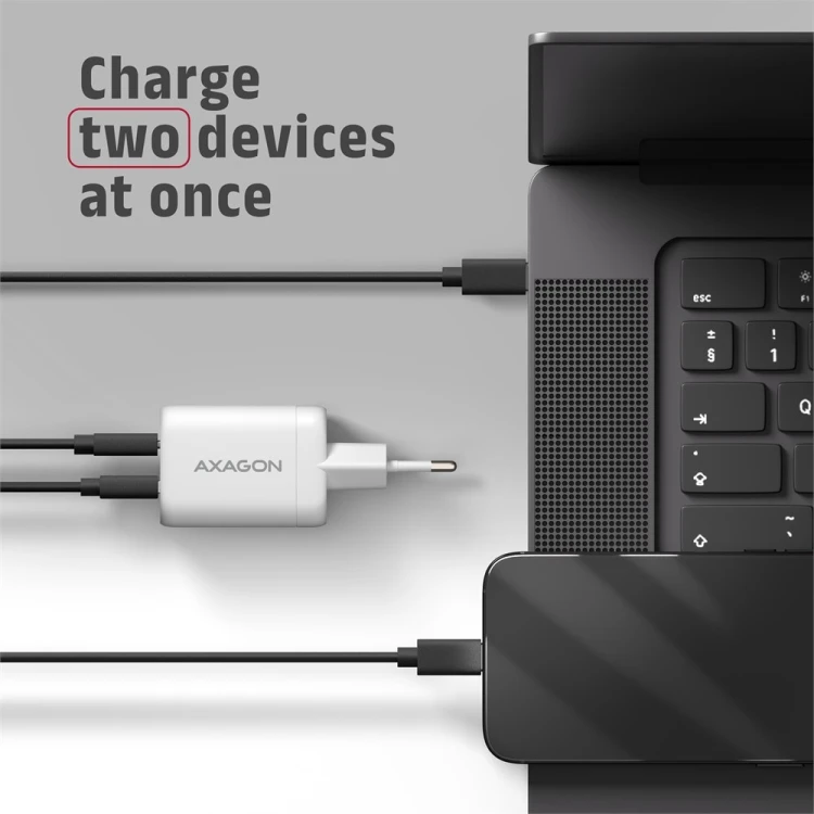 AXAGON ACU-PQ100W Ładowarka sieciowa GaN 100W, 2x port (USB-C + USB-A), PD3.0/PPS/QC4+, mini, biała