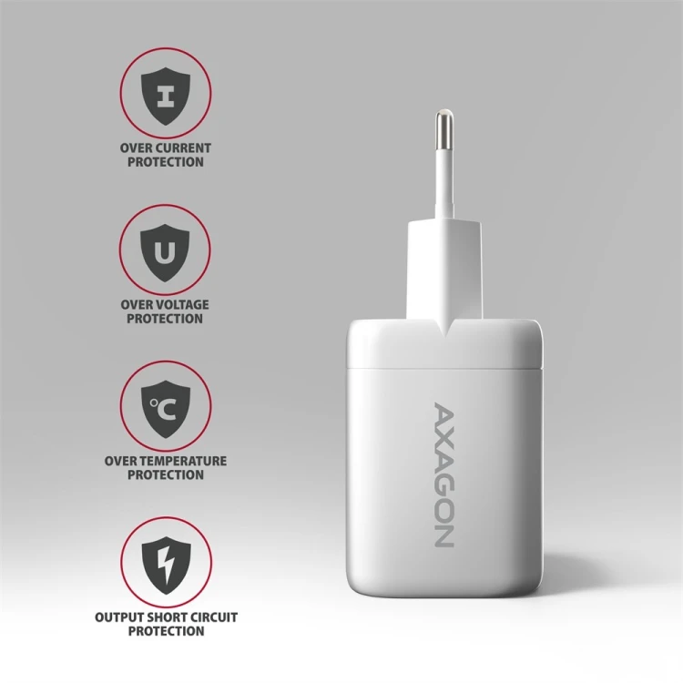 AXAGON ACU-PQ100W Ładowarka sieciowa GaN 100W, 2x port (USB-C + USB-A), PD3.0/PPS/QC4+, mini, biała