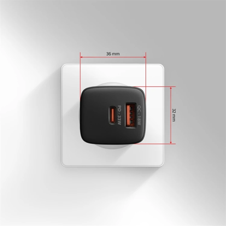 AXAGON ACU-PQ33 Ładowarka sieciowa GaN 33W, 2x port (USB-C + USB-A), PD3.0/PPS/QC4+, czarna