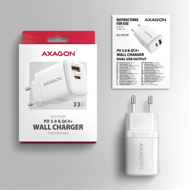 AXAGON ACU-PQ33W Ładowarka sieciowa GaN 33W, 2x port (USB-C + USB-A), PD3.0/PPS/QC4+, biała