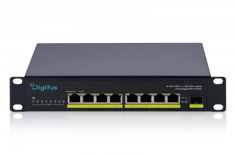 Digitus Przełącznik sieciowy niezarządzalny PoE+ 10" 8x RJ45 2.5G, 1x SFP+ 10G, 60Gbps, budżet 80W, 802.3af/at, metalowy, bez wentylatora, Plug&Play