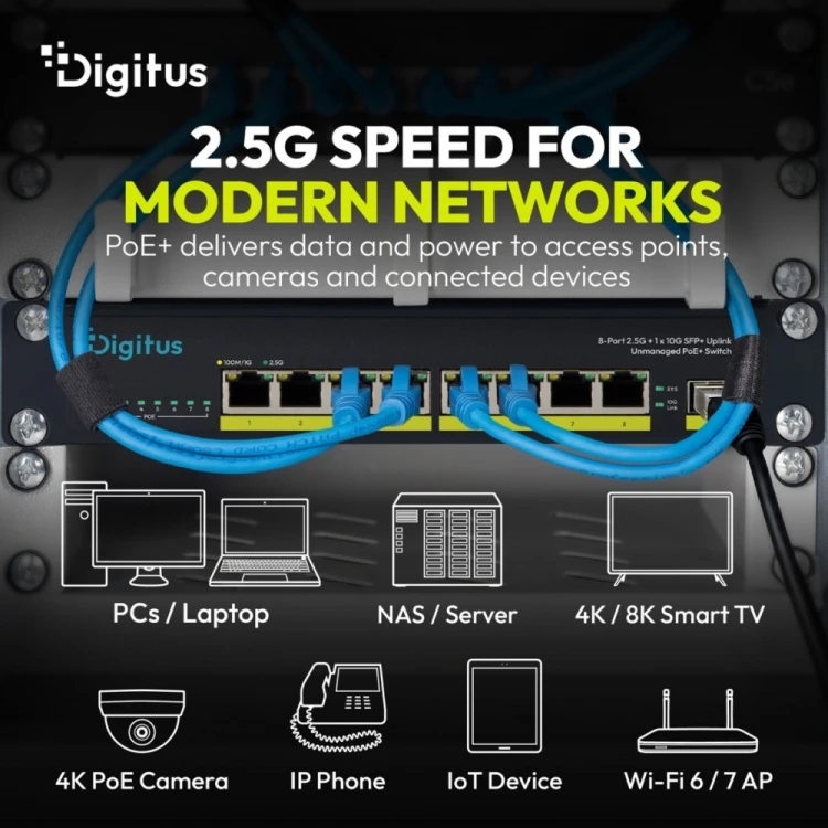 Digitus Przełącznik sieciowy niezarządzalny PoE+ 10" 8x RJ45 2.5G, 1x SFP+ 10G, 60Gbps, budżet 80W, 802.3af/at, metalowy, bez wentylatora, Plug&Play
